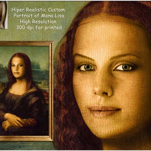 Puede incluir: Un retrato de una mujer al estilo de la Mona Lisa. La mujer tiene el pelo largo y oscuro y lleva un vestido oscuro. El fondo es un paisaje con un río y montañas. El texto "Hiper Realistic Custom Portrait of Mona Lisa High Resolution 300 dpi for printed" está en la parte superior de la imagen.