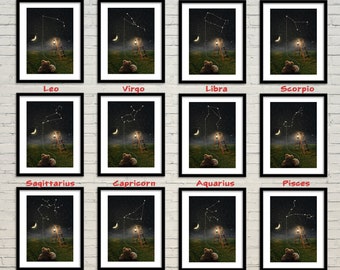 All 12 Zodiac Constellations, Starry Night, Zodiac Poster, Star Signs, Wall Decor, Zodiac Art Print, Nursery Decor, Children&#39;s Art Prints