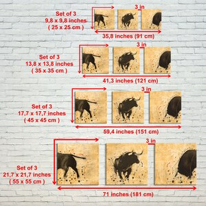 May include: Set of three black and white bull illustrations on a beige background. The illustrations are available in four sizes: 9.8 x 9.8 inches, 13.8 x 13.8 inches, 17.7 x 17.7 inches, and 21.7 x 21.7 inches.