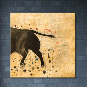May include: A black bull with a brown tail runs across a yellow and brown background with red and blue paint splatters.