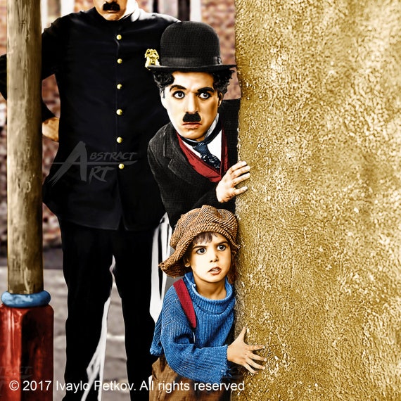 チャップリンと子供のアートプリント チャーリー・チャップリンのカラー写真、キッド、面白いポスター