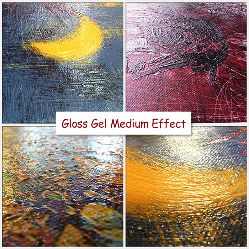 May include: Close-up of four different areas of a painting showing the effect of using gloss gel medium. The areas show a yellow crescent moon, a dark purple area with black brushstrokes, a yellow area with brushstrokes, and a multi-colored area with brushstrokes.