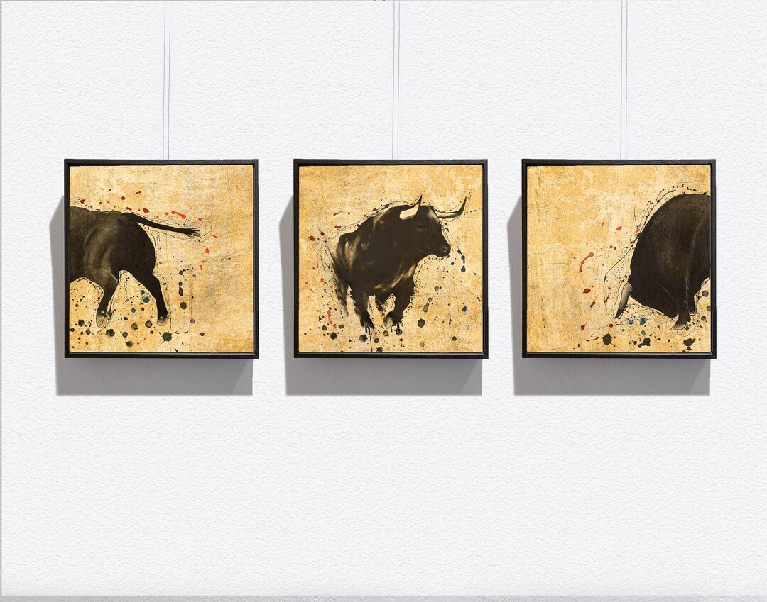 Bull Wall Art Print - Bull Painting - Set of 3 Canvas Prints - Animal ...
