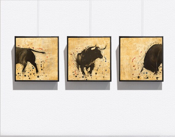 Bull Wall Art Print - Bull Painting -  Set Of 3 Canvas Prints - Animal Art - Home Decor - large Print on Canvas - Wall art - Animal Art -Art