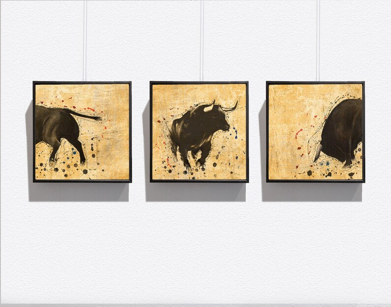 Bull Wall Art Print Bull Painting Set of 3 Canvas Prints Etsy