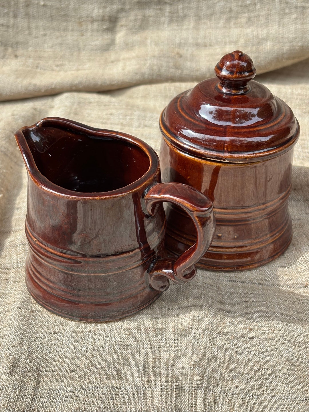 Vintage Japanese Pottery, Cream and Sugar Set, Brownware Creamer ...