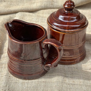 Vintage Japanese Pottery, Cream and Sugar Set, Brownware Creamer, Ceramic Sugar and Creamer