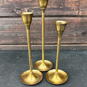 Vintage 1990’s Brass Taper Candlestick Holders Set of 3- Brass Tulip Taper Candleholders