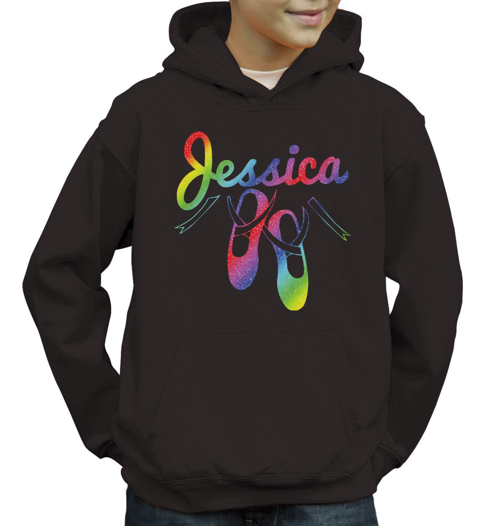 personalized ballet shoes kids hoodie rainbow holographic print custom name birthday gift
