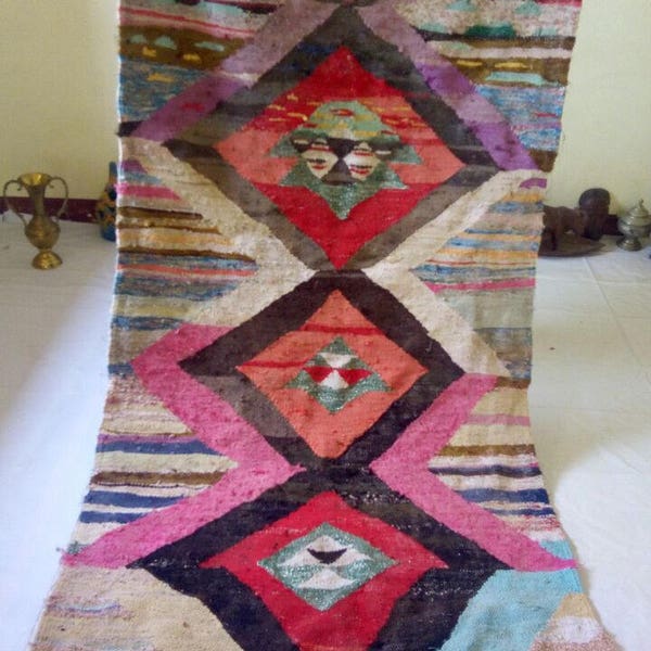 Moroccan vintage Boucherouite rug .Berber Rugs 270-120 cm