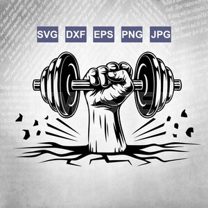 May include: Black and white graphic of a hand emerging from cracked ground, gripping a dumbbell. The dumbbell has circular weights on each end. The image is a vector design, suitable for various applications, including fitness-related merchandise.