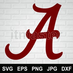 May include: A dark red letter A in a stylized script font with curved terminals. The letter is centered against a white brick wall background. The text itmaster is overlaid in a light gray color across the center of the letter.