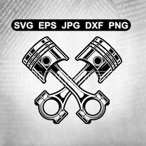 Puede incluir: Gráfico en blanco y negro de dos pistones de motor cruzados. Los pistones están detallados con líneas y círculos, lo que sugiere un tema mecánico o automotriz. La imagen incluye el texto "SVG EPS JPG DXF PNG" en la parte superior.