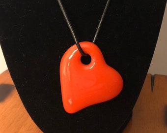 Glass Fused Necklace ~~ Heart ~~ Orange