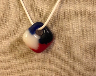 Glass  Fused  Necklace ~~ Red, White, Blue, Black ~~ Square