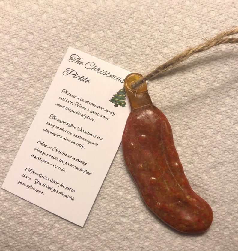 Glass Christmas Pickle Ornament Holiday German Tradition Glass Fused Handmade Hostess Gift Secret pal Family Tradition image 3