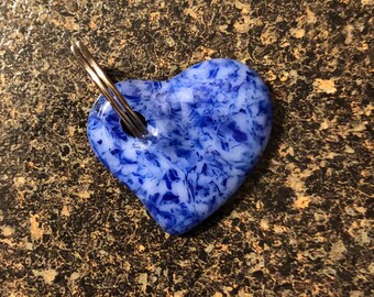 Glass Fused Keychain ~~ Medium Heart ~~ Blue / White