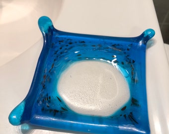 Handmade Glass Kiln Fired Soap Dish ~ Housewarming~ Wedding~ Shower ~ Guest Bathroom~ Blue