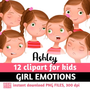 Imágenes prediseñadas de EMOCIONES DE NIÑAS para niños, imágenes prediseñadas de sentimientos, sentimientos de niñas caucásicas, caras de niños, expresiones faciales, avatar de niña, emociones básicas
