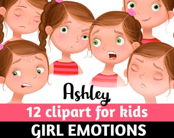 Clipart de emociones de niña: 12 caras de niños y sentimientos (Descarga digital PNG)
