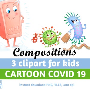 Puede incluir: Ilustración de dibujos animados de una barra de jabón, un virus verde, un germen azul y un gusano marrón. El jabón es rosa y tiene la palabra "SOAP" escrita en él. El virus es verde y tiene una cara. El germen es azul y tiene una cara. El gusano es marrón y tiene una cara. El texto "Composiciones 3 clipart para niños CARTOON COVID 19" está escrito debajo de la imagen.