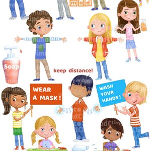 May include: Colorful illustration of children practicing safety measures during the COVID-19 pandemic. The illustration includes children wearing masks, washing hands, using hand sanitizer, and keeping a safe distance from each other. The text on the chalkboard reads: "1. Wash your hands! 2. Wear a mask! 3. Keep safe distance!"