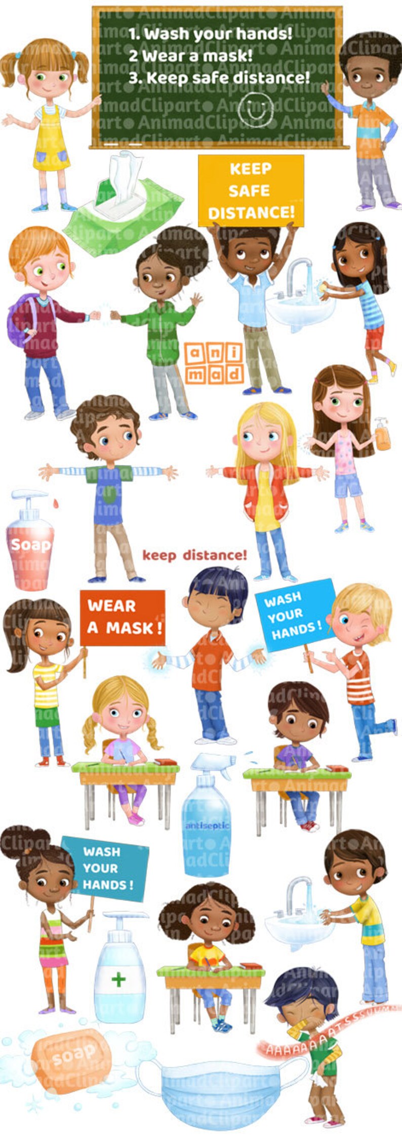 May include: Colorful illustration of children practicing safety measures during the COVID-19 pandemic. The illustration includes children wearing masks, washing hands, using hand sanitizer, and keeping a safe distance from each other. The text on the chalkboard reads: "1. Wash your hands! 2. Wear a mask! 3. Keep safe distance!"