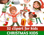 Christmas Kids Clipart: Diverse Children Celebrating (PNG, Digital Download)