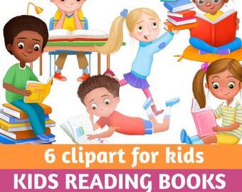 Kids Reading Books Clipart: Diverse Children, Cartoon Style (Digital Download)
