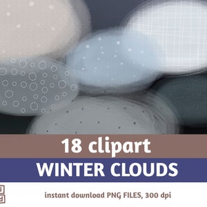 WINTER CLOUDS clip art, clouds with patterns, semi transparent clouds, happy stylized clouds clipart for illustration, autumn clouds