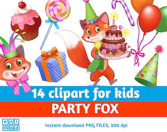 Party Fox Clipart: Funny Birthday Animals, Kids Party Elements (Instant Download)