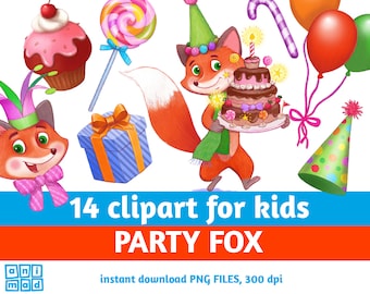 PARTY FOX clip art for kids, birthday clipart, party clipart, funny fox clipart, cute animals clipart, party elements, instant download