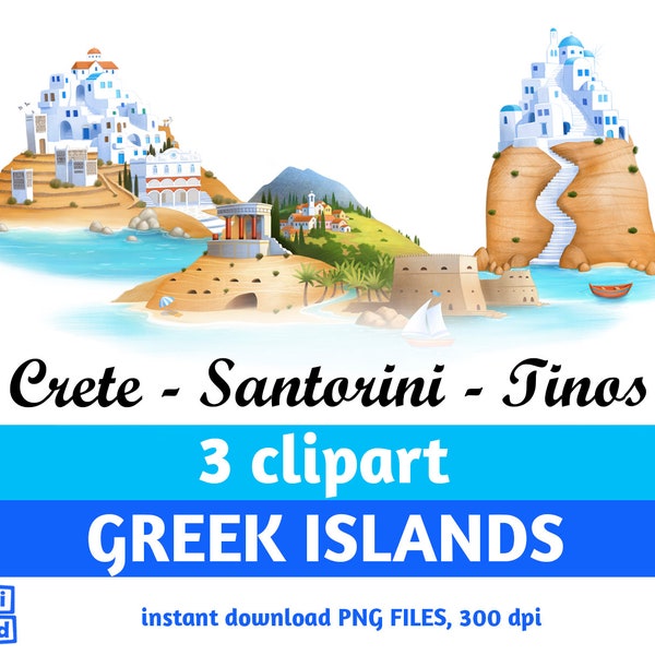 Clipart des îles grecques, clipart de Crète, clipart de Tinos, clipart de Santorin, clipart d'été grec, clipart des cyclades, clipart de voyage, Oia, Fira