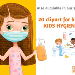 May include: A girl wearing a pink polka dot dress and a blue face mask holds a bottle of orange soap. The text "Soap" is written on the bottle. The image is part of a set of 20 clipart illustrations for kids about hygiene.