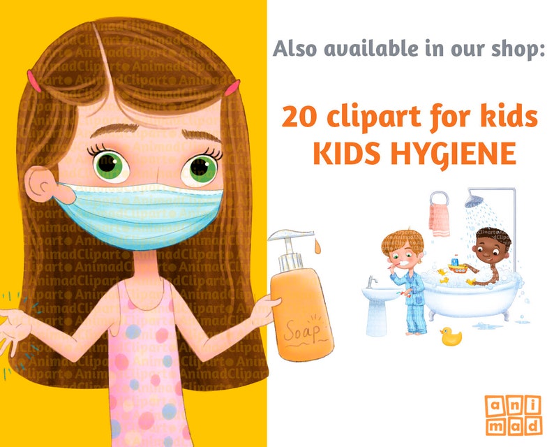May include: A girl wearing a pink polka dot dress and a blue face mask holds a bottle of orange soap. The text "Soap" is written on the bottle. The image is part of a set of 20 clipart illustrations for kids about hygiene.