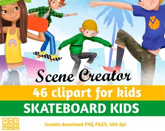 Clipart de niños en patineta: Creador de escenas urbanas (Descarga digital)