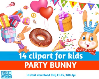 PARTY BUNNY clip art for kids, birthday clipart, party clipart, funny bunny clipart, cute animals clipart, party elements, instant download