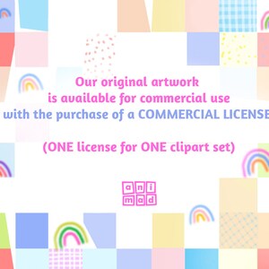 May include: A colorful digital illustration of a rainbow with the text "Our original artwork is available for commercial use with the purchase of a COMMERCIAL LICENSE. (ONE license for ONE clipart set)" and the text "ani mad" in a block of squares.