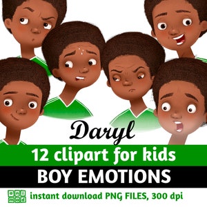 Image clipart BOY EMOTIONS pour enfants, clipart de sentiments, sentiments de garçon afro-américain, expressions du visage, heureux, triste, effrayé, en colère, émotions de base