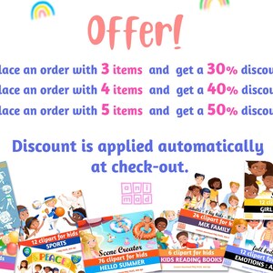 May include: A colorful graphic with a rainbow border and text that reads "Offer!"  Place an order with 3 items and get a 30% discount! Place an order with 4 items and get a 40% discount! Place an order with 5 items and get a 50% discount! Discount is applied automatically at check-out."