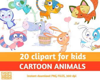 May include: A set of 20 cartoon animal illustrations, featuring a variety of animals, including a raccoon, a hippopotamus, a tiger, a fox, a koala, a rabbit, a dog, and a blue bird. The illustrations are in a colorful cartoon style and are perfect for use in children's books, websites, or other creative projects.