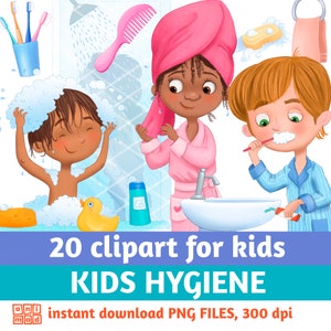 Imágenes prediseñadas de HIGIENE para niños, imágenes prediseñadas para niños, diversidad, rutina diaria de los niños, bañarse, lavarse las manos, cepillarse los dientes, higiene diaria de los niños