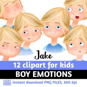 Clip art EMOZIONI RAGAZZI per bambini, clipart sentimenti, sentimenti ragazzi caucasici, volti avatar bambini, espressioni, sciocco, offeso, emozioni di base
