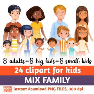 CLIP ART FAMILIE voor kinderen, diversiteit, moeder, vader, ouders clipart, illustraties kleine kinderen, grote kinderen clipart, mix familie clipart, bevolking, mensen