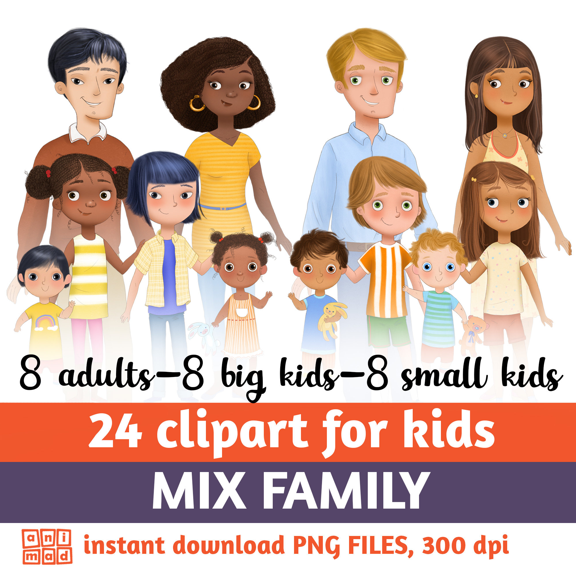FAMILY CLIP ART for Kids, Diversity, Mom, Dad, Parents Clipart, Small