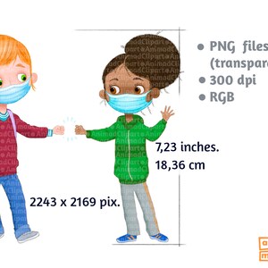 May include: Two children, one with red hair and one with brown skin, are wearing face masks and giving each other a fist bump. They are both wearing casual clothing and are standing on a white background. The image is 2243 x 2169 pixels and is 7.23 inches or 18.36 cm.