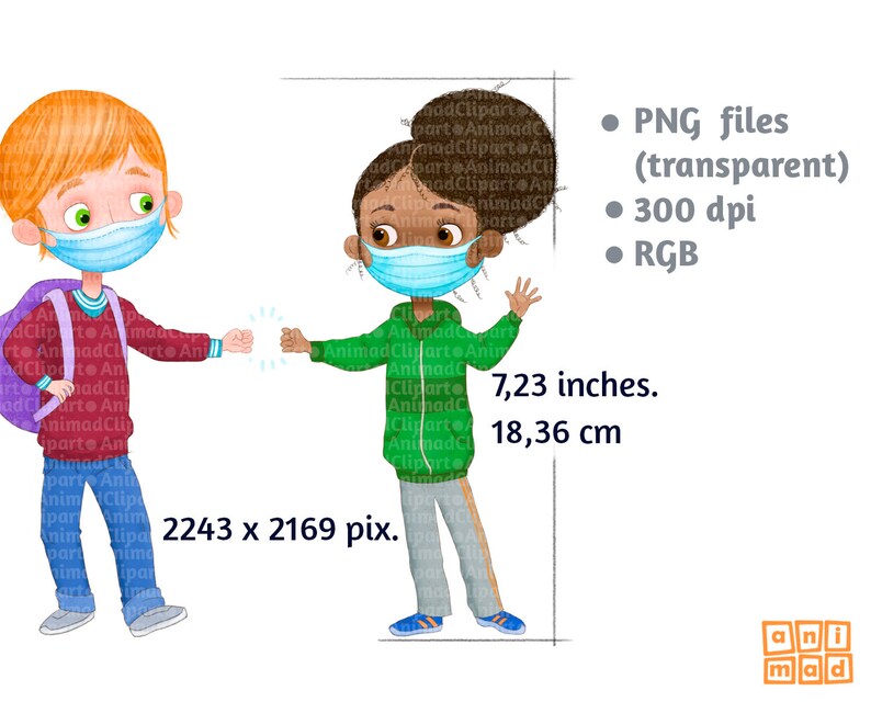 May include: Two children, one with red hair and one with brown skin, are wearing face masks and giving each other a fist bump. They are both wearing casual clothing and are standing on a white background. The image is 2243 x 2169 pixels and is 7.23 inches or 18.36 cm.