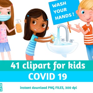 子供向けの COVID 19 クリップアート、COVID 学校、多様な子供たち、コロナ クリップアート、手を洗う、安全な距離を保つ、マスクを着用する、コロナウイルス