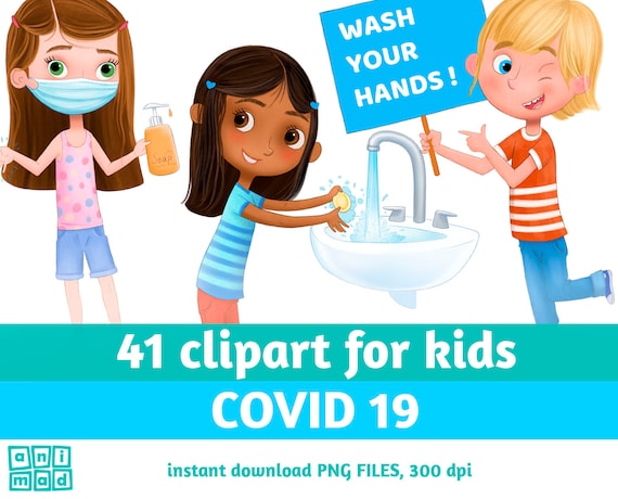COVID 19 clipart for kids, covid school, diverse kids, corona clipart, wash your hands,  keep safe distance, wear a mask, corona virus