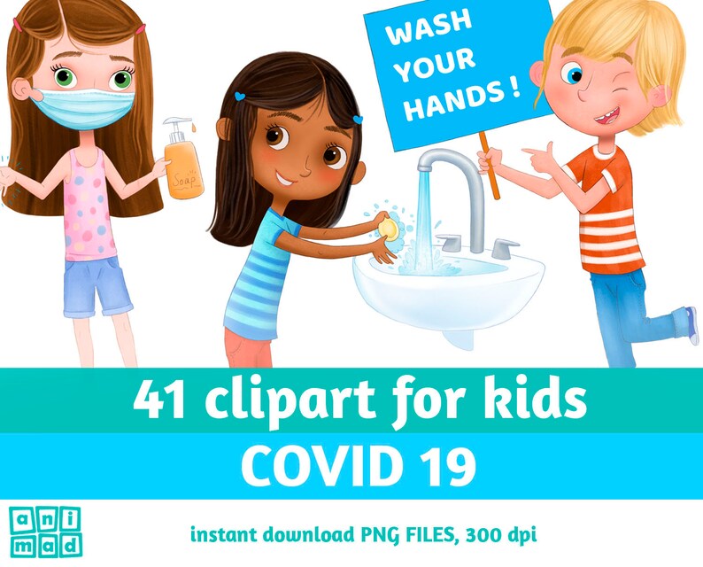 May include: Three cartoon children are practicing good hygiene. A girl with brown hair is wearing a face mask and holding a bottle of soap. A girl with long black hair is washing her hands at a sink. A boy with blonde hair is holding a sign that says "Wash Your Hands!"